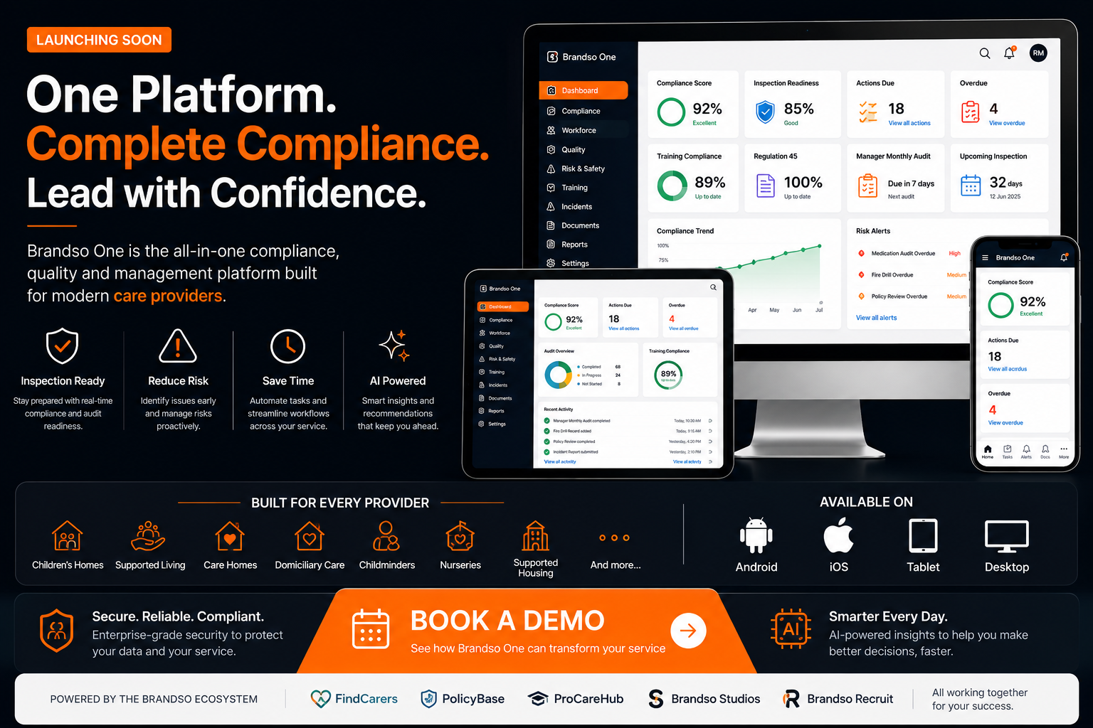 Brandso One product preview: dashboard showing compliance score, inspection readiness, training compliance and risk alerts across desktop, tablet and mobile.